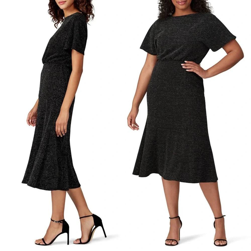 DONNA MORGAN‎ Metallic Sparkle Knit Short Sleeve V-Back Side Slit Midi Dress 8